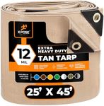 Heavy Duty Tan Poly Tarp 25' X 45' - Multipurpose Protective Cover - Durable, Waterproof, Weather Proof, Rip and Tear Resistant - Extra Thick 12 Mil Polyethylene - by Xpose Safety