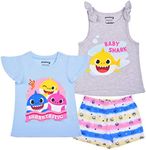 Nickelodeon Baby Shark Girl's 3 Pack Short Sleeves Tee, Sleeveless Shirt and Shorts Set for Kids, 2T Light Blue