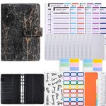BeeSpark A6 PU Leather File Folder Ring Binder Clip with Budget Sheets| Zipper Envelopes| Card Binder Pockets| Ruler| Item stickers & Label Colour Stickers| Stationary Supply (Metallic Black)