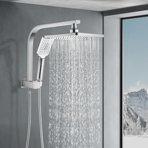 ACA International 8" High Pressure Shower Head Square Set 3-Mode Handheld Gooseneck Shower Rail 2 in 1 Diverter Set Rainfall Overhead Shower Brass WELS (Chrome)