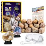 NATIONAL GEOGRAPHIC Break Open 15 Premium Geodes - with Goggles, Detailed Learning Guide, 3 Display Stands, Great Stem Science Toy & Educational Kit
