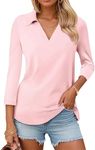 Cnlinkco 3/4 Sleeve V Neck Polo Shirts for Women Plus Size Casual Loose Fit T-Shirt Trendy Comfy Cute Blouse with Collar Watermelon Red