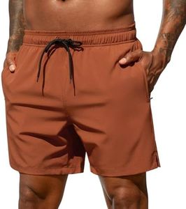 SILKWORLD Mens Swim Trunks Quick Dry Bathing Suits Beach Shorts with Zipper Pockets, MQ18_Zip_Terracotta, X-Small