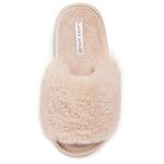 Laura Ashley Womens Plush Faux Rabbit Fur One Band Memory Foam Slide Slippers, Warm Fuzzy Fluffy Open Toe Slides, Tan, Large