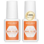 Modelones Nail Glue for Press On Nails Glue Strong 2pcs 14 ml Nails Tips Glue Brush On Nails Glue Long Lasting Adhesive Nail Glue No Cure