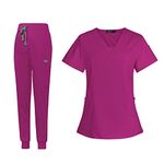 Baoblaze Female Scrub Set, Durable Short Sleeves v Neckline Top and Pants Work Clothing, Rose Red, M