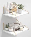 Afuly Wide Floating Shelves White Wood Wall Shelf with Gold Bracket Large Wall Organizer 12 inch Deep Storage Shelves for Bedroom, Bathroom, Living Room, Kitchen, Set of 2