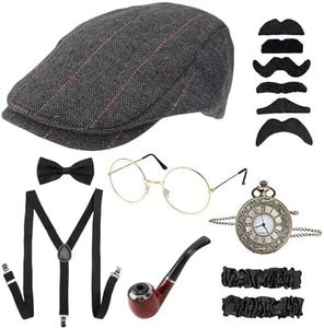 WOTOW 1920s Men’s Costumes, Roaring 20s Gatsby Costumes Accessories for Men with Hat Bow Tie Goggles Holder Suspender Mustaches Sleeve Clips Pocket Watch, 8Pcs