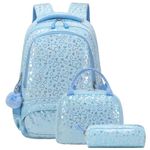 Girls Backpack with Lunch Bag Set for School, 3 in 1 Soft Plush School Bookbag Set with Pencil Case & Chest Strap Blue Kids School BookBag for Toddler Preschool Kindergarten Elementary Girls Boys