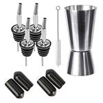 Rudra Exports Metal Bottle Pourers for Syrup Wine Olive Oil, Pouring Spouts for Liquor for Bar - Pack of 4 (with Black PVC Caps) + 1 PC Peg Measure + 1 Cleaning Brush