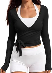 EFAN Womens Pilates Wrap Tops Long Sleeve Workout Tie Shirt, Black, M