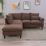 Panana 5 Seater Corner Sofas, With Built-in USB Port Chaise, Cushion Back Sectional Sofas Settee Couch. Brown Linen