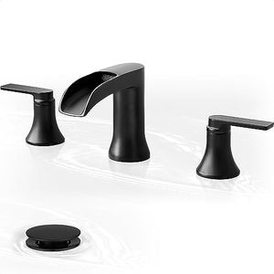 HOIGY Waterfall Bathroom Sink Faucet, Brass Black Bathroom Faucet, 4-8 Inch 2 Handles Widespread Bathroom Faucets for Sink 3 Hole Vanity Lavatory Farmhouse RV with Pop Up Drain and Supply Hose