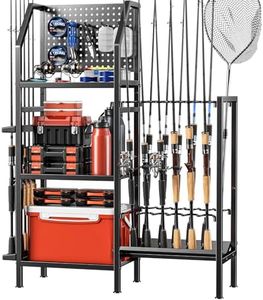 POKIPO Fishing Rod Holders for Garage,Fishing Rod Rack Storage up to 18 Rods,3 Tier Adjust Heavy Duty Metal Fish Pole Stand Organizer with Pegboard for Fishing Gear and Equipment Accessories