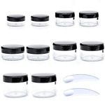 ZEJIA 10pcs Small Travel Containers, Black Sample Containers with Screw Lids, 5 Size 3/5/10/15/20 Gram Sample Jars with 12pcs Labels and 2pcs Mini Disposable Spatula, Makeup Sample Containers BPA Free