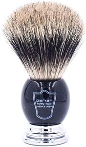 Parker Premium 3 Band Pure Badger Shaving Brush with Stand Included - Packaged in a Gift Box - Generate a Thick & Luxurious Lather with Your Favorite Shave Soap - Black & Chrome Handle