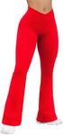 OQQ Women's Flared Pants Ribbed Cross Over High Waist Bell Bottoms Lounge Travel Pants Red