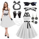 Crusward Women Rockabilly Retro 1950s Dress with 50s Accessories, Vintage Polka Dots Swing Midi Dress Cocktail Party 50's 60's Party Dance Evening Prom Gown