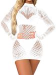 CHICTRY Womens Hollow Out Babydolls Mini Dress Fishnet Cover Ups Bodycon Dresses Nightdress Chemise White One Size