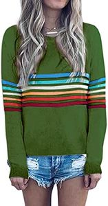 ECOWISH Women's Sweater Rainbow Colorful Striped Sweaters Long Sleeve Crew Neck Color Block Casual Pullover Blouse Tops 01 Green Medium