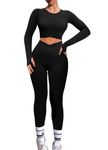 Navneet Women Gym Set 2 Piece Outfits Workout Set Crossover Long Sleeve Gym Tops Ruched Leggings Yoga Tracksuit Set Black M