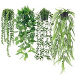 Der Rose 4 Packs Fake Plants Hanging with Pots Artificial Ivy Vine Faux Eucalyptus Hanging Plants, Boston Fern, String of Pearls for Home Room Wall Shelf Indoor Outdoor Decor