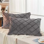 JAUXIO Diamond Pinch Pleated Crystal Velvet Pillowcases 2 Pack Solid Pintuck Throw Cushion Cover for Home Decor Hidden Zipper Closure (Dark Grey, Standard/Queen)