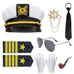 Mprocen Yacht Captain Hat Captain Costume Accessories, Adjustable Captain cap, Gold Anchor Brooch, Shoulder Pins, Pipe Prop, Black Tie Sunglasses for Halloween Carnival Theme Party Cosplay