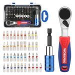 WORKPRO 43-Piece Mini Ratchet Wrench Screwdriver Bits Set, 1/4" Drive Mini Ratcheting Screwdriver, 90 Degree Small Reversible Drive Handle with Torx, Phillips, Flat Head, Pozidrive, Hex Bits