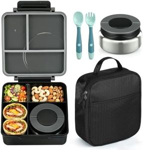 Bento Lunch Box Set for Kids with 8oz Soup Thermo, Leak-Proof Lunch Containers with 4 Compartment, Kids Thermo Hot Food Jar and Insulated Lunch Bag for Kid to School-Black