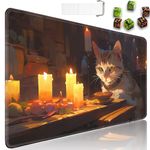 MTG Playmat + Drawstring Travel Pouch + 6 Dice Counter, for Tabletop Trading Card Game Playmats or Large Mouse Pad, Anti-Slip Rubber 24 x 14 in, Cat Eating Candlelight Dinner TCG Playmat