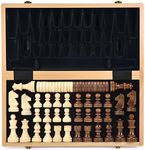 AMEROUS 15 Inches Wooden Chess & Checkers Set with Upgraded Weighted Chess Pieces - 2 Extra Queen -24 Cherkers Pieces -Folding Board -Instruction -Chessmen Storage Slots, Classic 2 in 1 Board Games