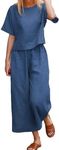 Women's Cotton Linen Two Piece Summer Loose Oversize Outfits Solid Color Casual Half Sleeve Crew Neck Top Wide Leg Pants Set (Blue-Short Sleeve, Large)