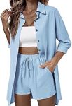 ELESOL Womens Cotton Linen Sets 2 Piece Tracksuit Button Down 3/4 Sleeve Shirt and Shorts Set Summer Beach Outfits Sets