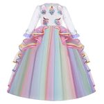 FMYFWY Unicorn Costume for Girls Birthday Pageant Party Dress Carnival Cosplay Fancy Dress Up Halloween Christmas Long Sleeve Maxi Tulle Wedding Ball Gown Multicolored 6-7T