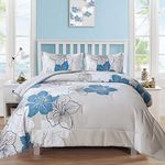 Menghomeus Floral Comforter Set Full Blue Floral Pattern Printed on Grey, Soft Microfiber Bedding Set Lightweight Boho Bed Set for All Season (1 Comforter, 2 Pillowcases)