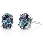 Peora Created Alexandrite Earrings for Women 14 K White Gold, Classic Solitaire Studs, Color-Changing 2 Carats Oval Shape 7x5mm, Friction Back