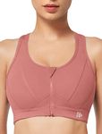 Yvette Zip Front Sports Bra - High Impact Sports Bras for Women Plus Size Workout Fitness Running, Rose Red, XX-Large plus