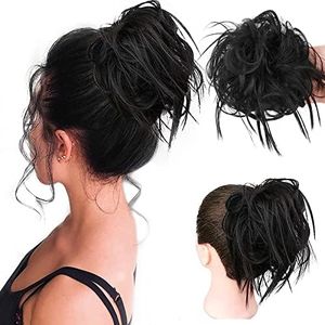 Messy Bun Hair Piece Hair With Elastic Rubber Band Extensions Hairpiece Synthetic Hair Extensions Scrunchies Hairpiece for Women (Tousled Updo Bun, Natural Black).