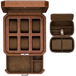 Gift Set 6 Slot Leather Watch Box with Valet Drawer - Luxury Watch Case Display Organizer, Microsuede Liner, Locking Jewelry Box, Mens Storage Boxes Holder Large Glass Top (Tan/Brown Gift Set)