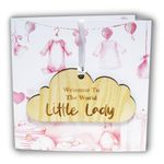 New Baby Girl Card With Wooden Hanging Cloud Keepsake - Baby Girl Gifts Newborn - Welcome To The World Little Lady, New Baby Gifts, New Parents Gifts, New Baby Card (Pink)