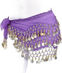 lilyy Chiffon Dangling Gold Coins Belly Dance Hip Skirt Scarf Wrap Belt (Dark Purple)