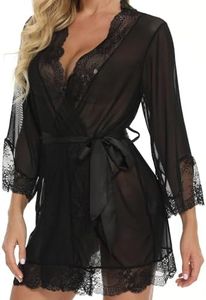 RSLOVE Women Lace Kimono Robe Babydoll Chemise Lingerie Bride Robe for Wedding Party Black XXL