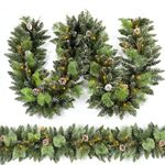 HomeKaren Christmas Garland Prelit 9 Ft with 50 Led Lights, Pine Cone and Snow Style Xmas Garland, Battery Operated Christmas Decor for Mantle Stair Indoor Outdoor