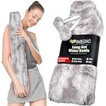 iMedic 2L Extra Long Hot Water Bottle Covered with Luxury Super Soft Fleece or Comfy Knit - Long Hot Water Bottle with Cover UK - Large Faux Fur Silver Grey