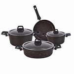 Karaca 7- Piece BlackGold Induction Cookware Set - Non-Stick Pots and Pans Set, 3 Biogranite Pots with 3 Glass Lids & 1 Granite Frying Pan, PFOA Free,Dishwasher-Safe, Induction Pots and Pan Set