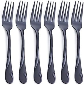 Black Salad Fork Set, Seeshine 6.9-inch(17.5cm) Stainless Steel Shiny Black Metal Dessert Fork, Small Cake Fork, Set of 6