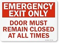 SmartSign Adhesive Vinyl Label, Legend"Emergency Exit Only Door Closed at All Times", 10" High X 14" Wide, Red on White