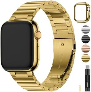 Fullmosa Apple Watch Band Compatible with iWatch 45mm 44mm 42mm 41mm 40mm 38mm for Men Women, Stainless Steel Band with Case for Apple Watch Series 9 8 7 6 5 4 3 2 1 SE (38mm 40mm 41mm, Golden)