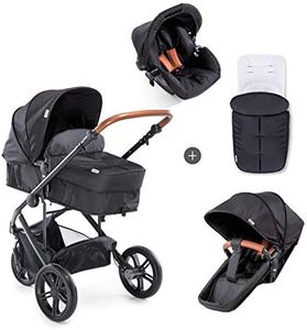 Hauck Pacific 3 Shop N Drive Lightweight Stroller Set - Car Seat & 2in1 Footmuff, Compact Foldable Buggy with 5 Point Safety Harness & One Hand Fold, Lightweight Baby Pram for 0 to 3 Years (Caviar)